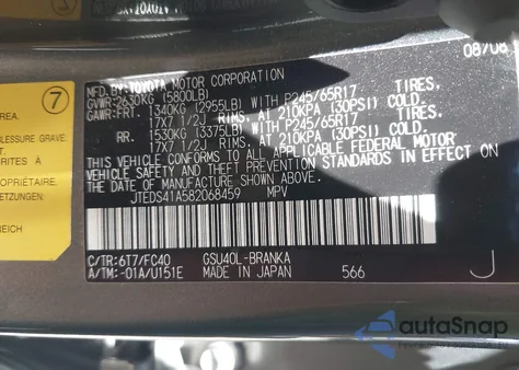 2008 Toyota Highlander from USA, damaged, VIN JTEDS41A582068459